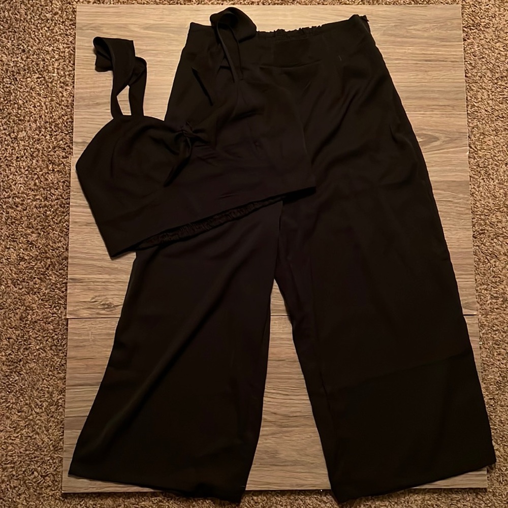 Black dress set with cropped trousers and cropped tie top. Size M